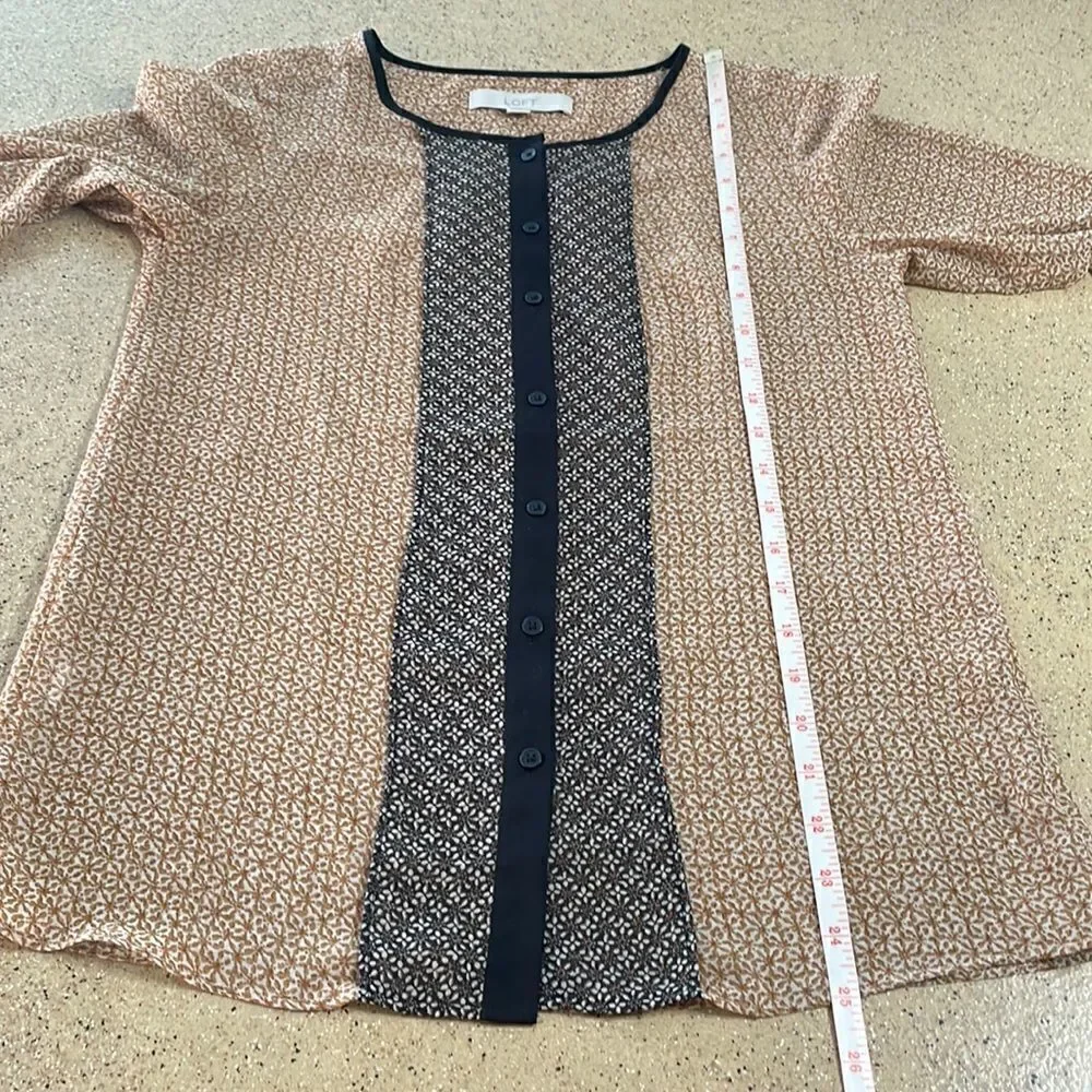 LOFT sheer floral print button front blouse puff sleeve black mustard red white